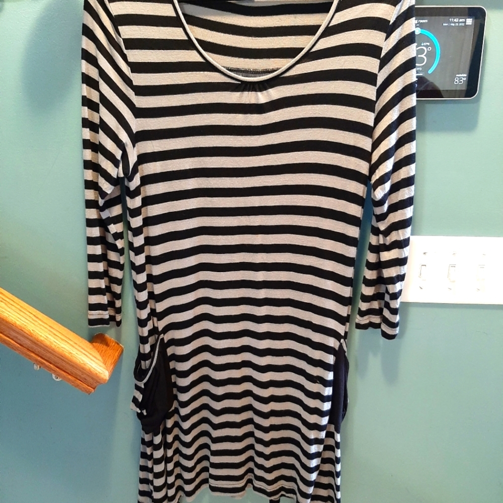 APT. Designs, Black and Grey Striped Dress with Pockets